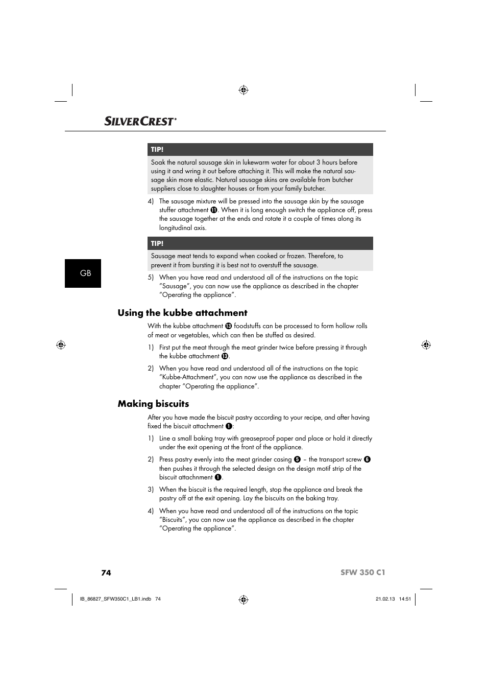 Using the kubbe attachment, Making biscuits | Silvercrest SFW 350 C1 User Manual | Page 77 / 84