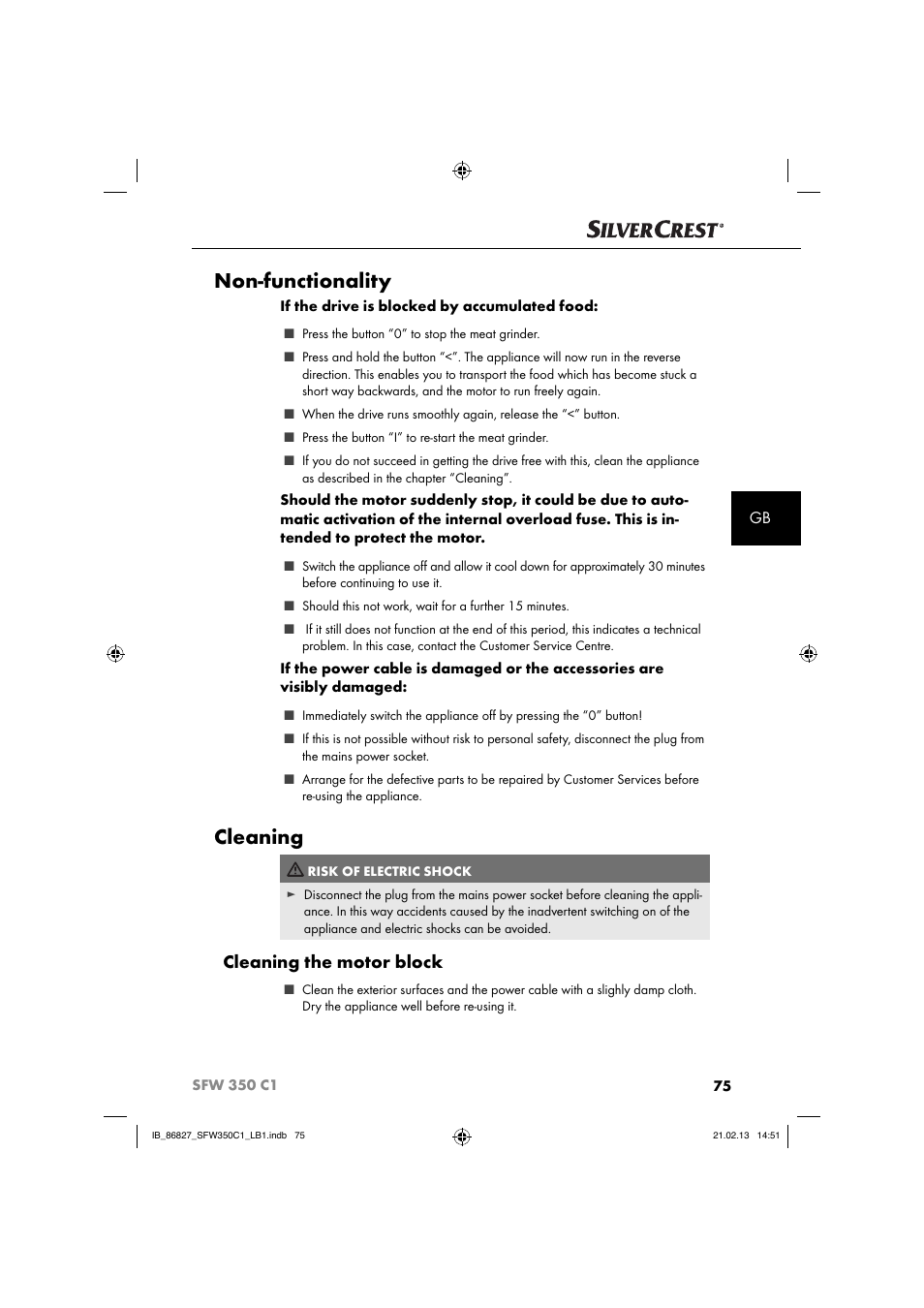 Non-functionality, Cleaning, Cleaning the motor block | Silvercrest SFW 350 C1 User Manual | Page 78 / 84