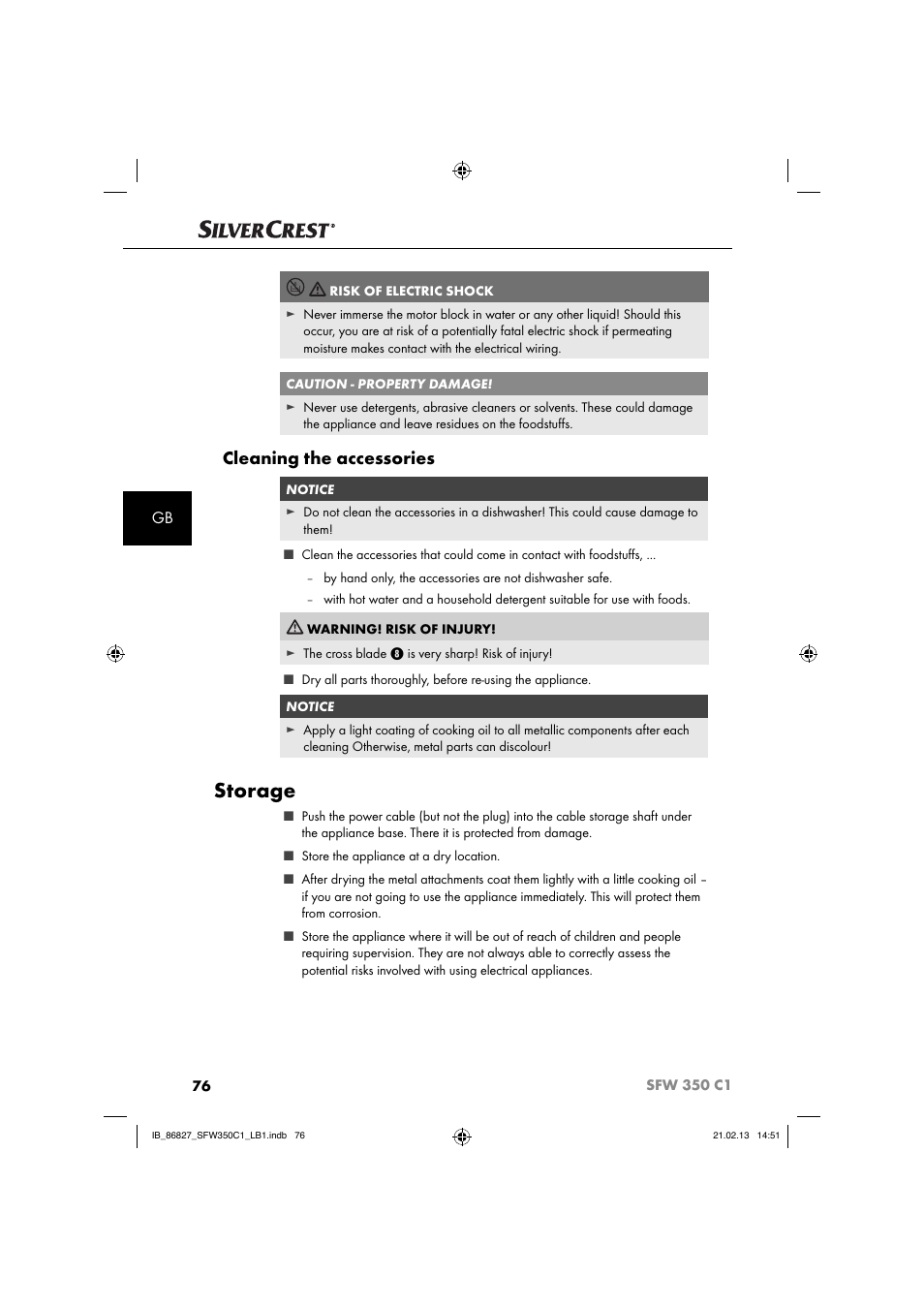 Storage, Cleaning the accessories | Silvercrest SFW 350 C1 User Manual | Page 79 / 84