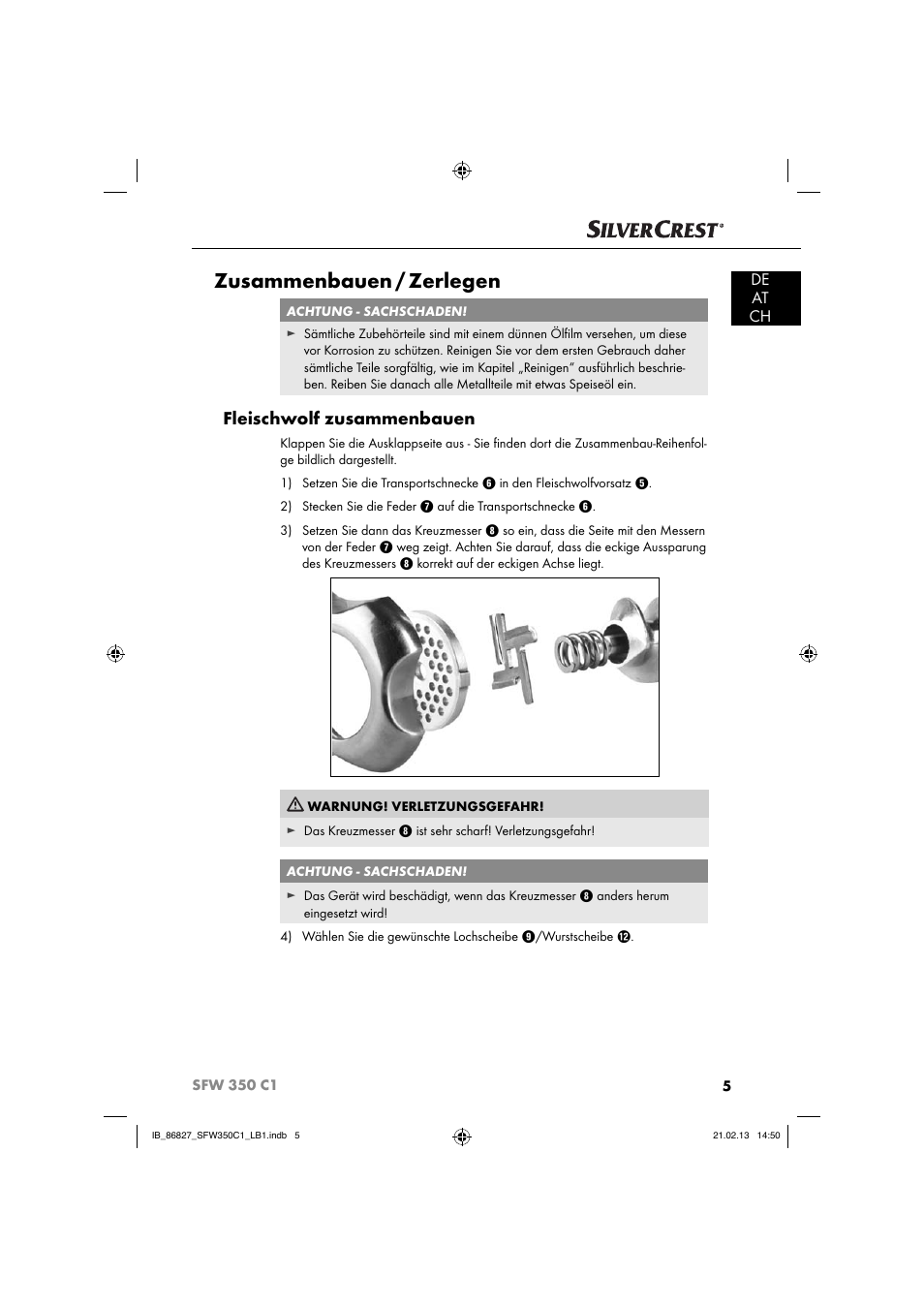 Zusammenbauen / zerlegen, Fleischwolf zusammenbauen, De at ch | Silvercrest SFW 350 C1 User Manual | Page 8 / 84