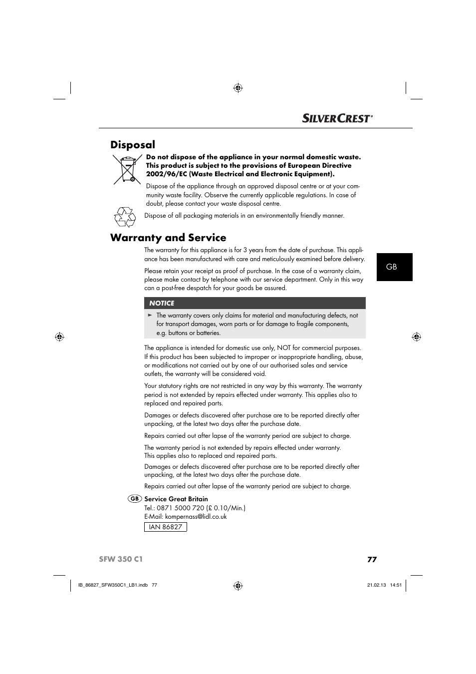 Disposal, Warranty and service | Silvercrest SFW 350 C1 User Manual | Page 80 / 84