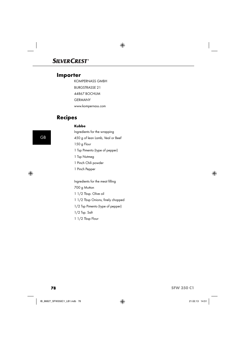 Importer, Recipes | Silvercrest SFW 350 C1 User Manual | Page 81 / 84
