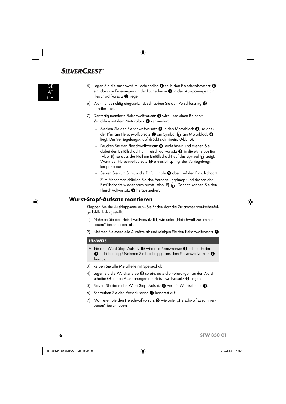 Wurst-stopf-aufsatz montieren, De at ch | Silvercrest SFW 350 C1 User Manual | Page 9 / 84