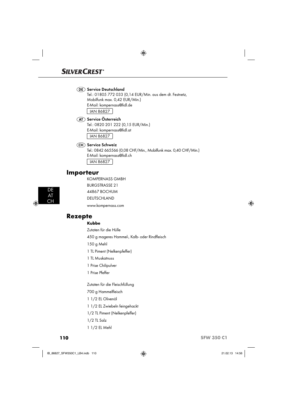 Importeur, Rezepte, De at ch | Silvercrest SFW 350 C1 User Manual | Page 113 / 116