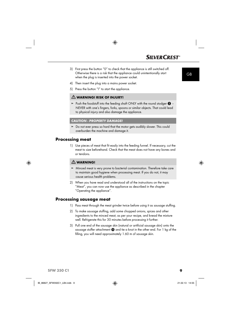 Processing meat, Processing sausage meat | Silvercrest SFW 350 C1 User Manual | Page 12 / 116