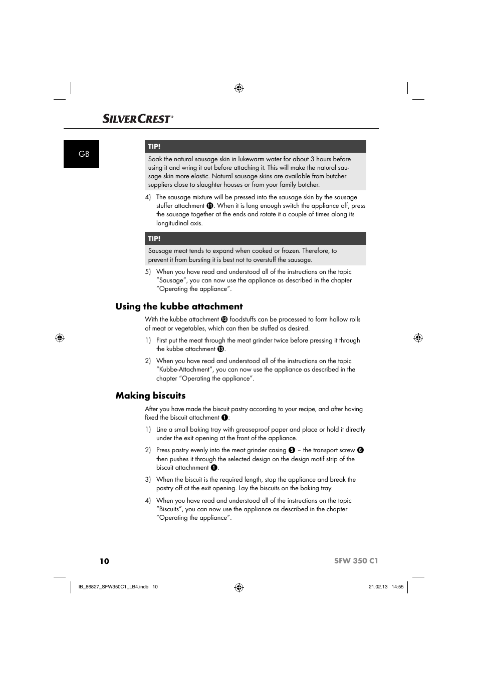 Using the kubbe attachment, Making biscuits | Silvercrest SFW 350 C1 User Manual | Page 13 / 116