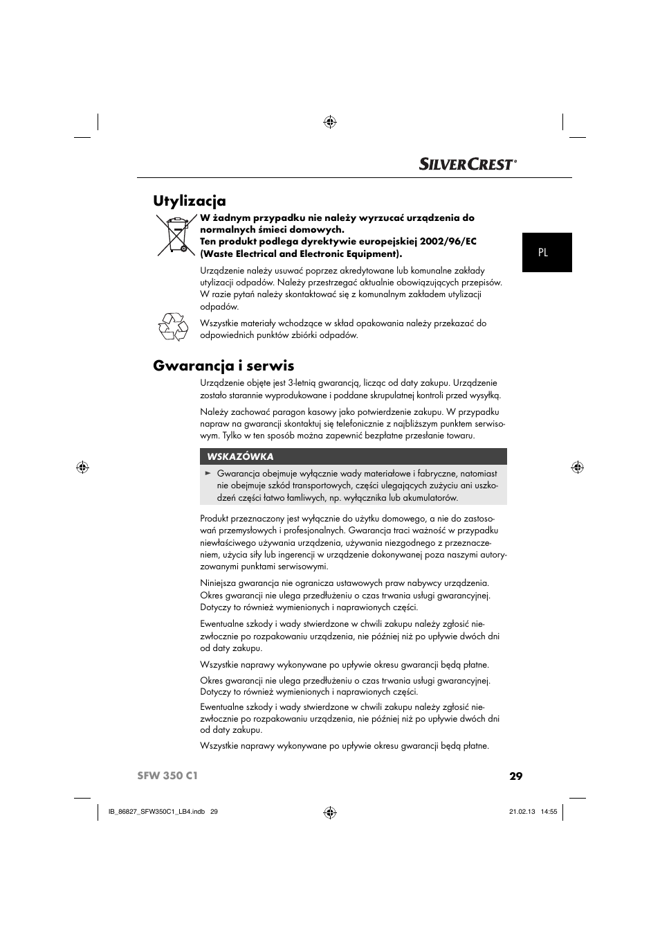 Utylizacja, Gwarancja i serwis | Silvercrest SFW 350 C1 User Manual | Page 32 / 116