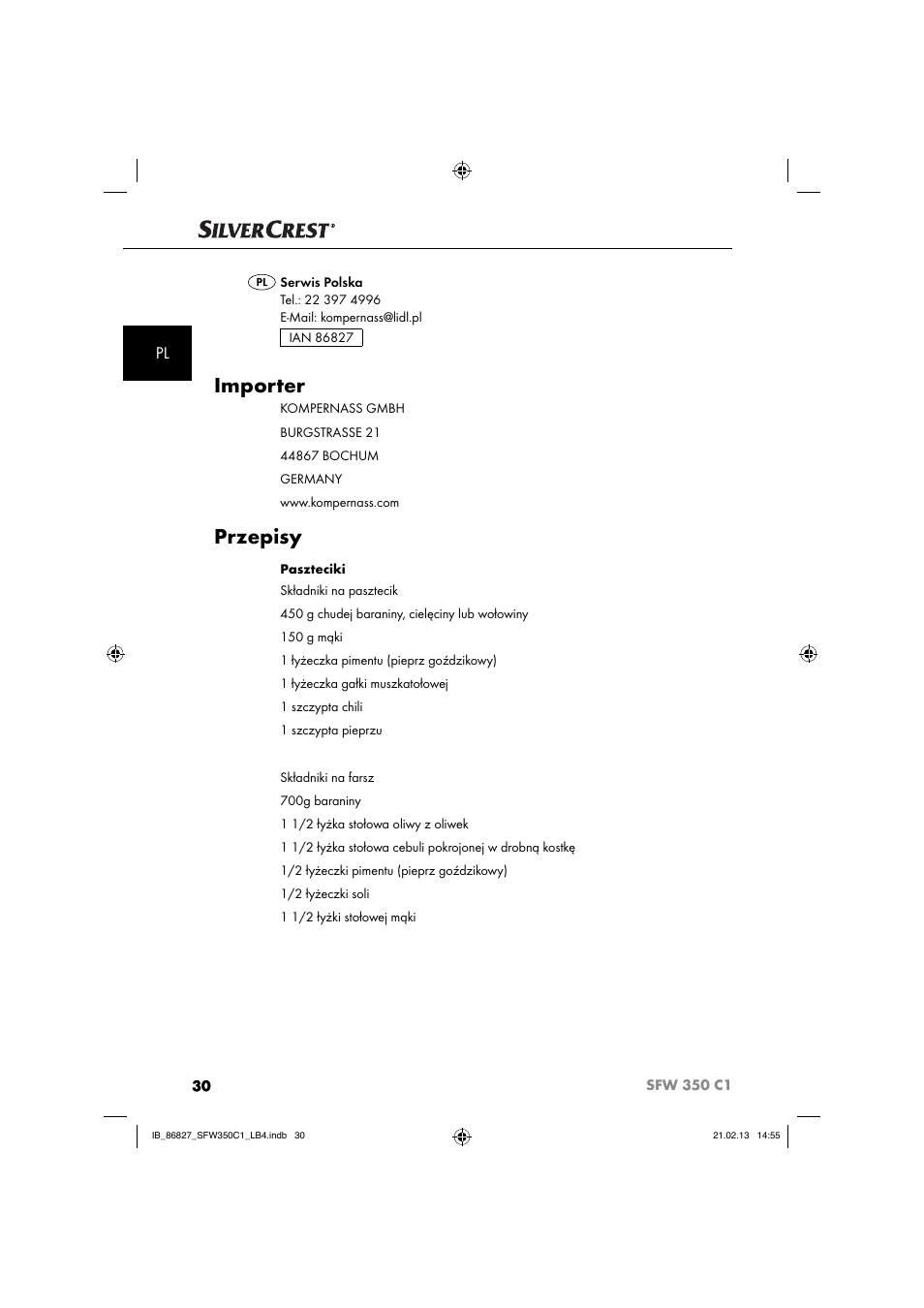 Importer, Przepisy | Silvercrest SFW 350 C1 User Manual | Page 33 / 116