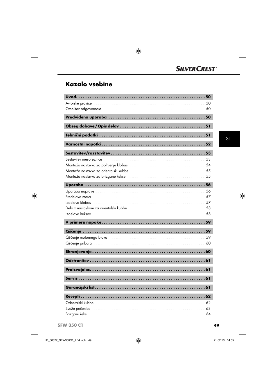 Kazalo vsebine | Silvercrest SFW 350 C1 User Manual | Page 52 / 116