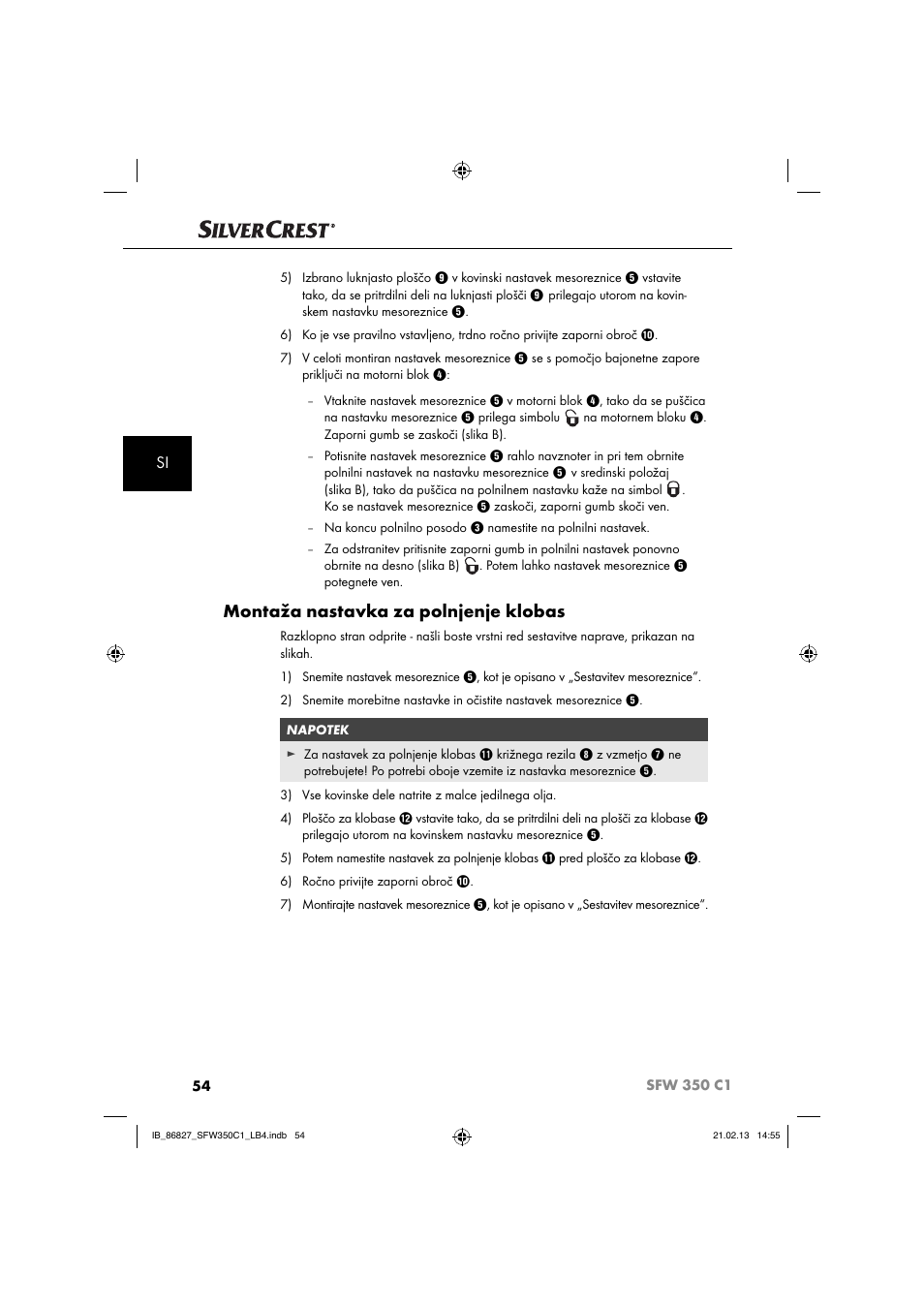 Montaža nastavka za polnjenje klobas | Silvercrest SFW 350 C1 User Manual | Page 57 / 116