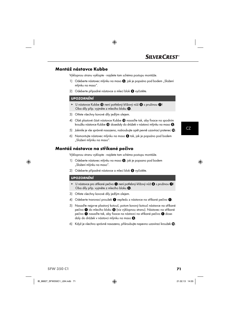 Montáž nástavce kubbe, Montáž nástavce na stříkané pečivo | Silvercrest SFW 350 C1 User Manual | Page 74 / 116