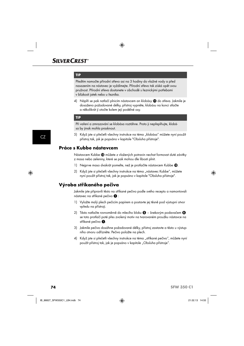 Práce s kubbe nástavcem, Výroba stříkaného pečiva | Silvercrest SFW 350 C1 User Manual | Page 77 / 116