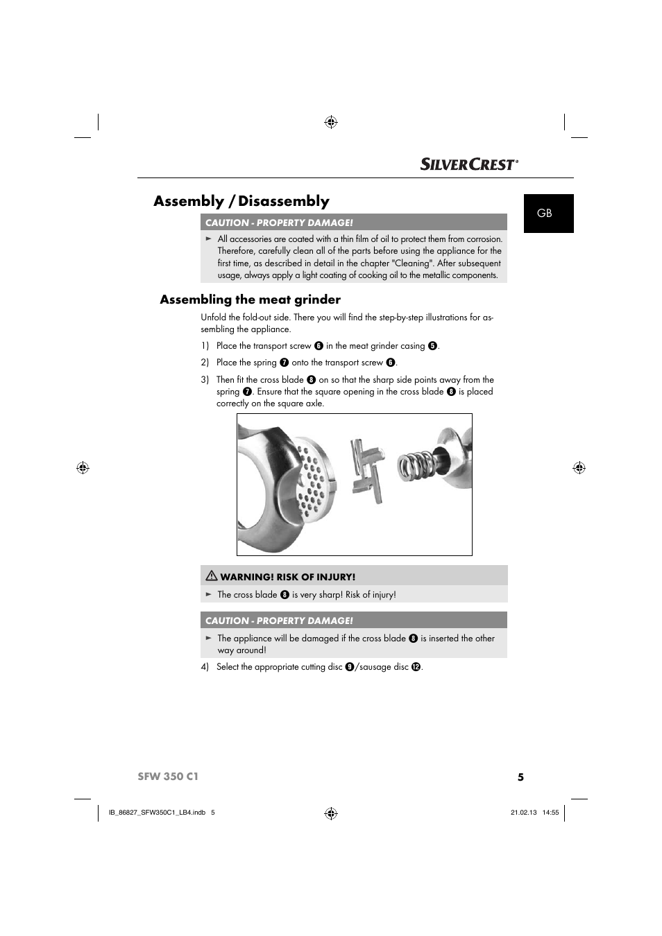 Assembly / disassembly, Assembling the meat grinder | Silvercrest SFW 350 C1 User Manual | Page 8 / 116