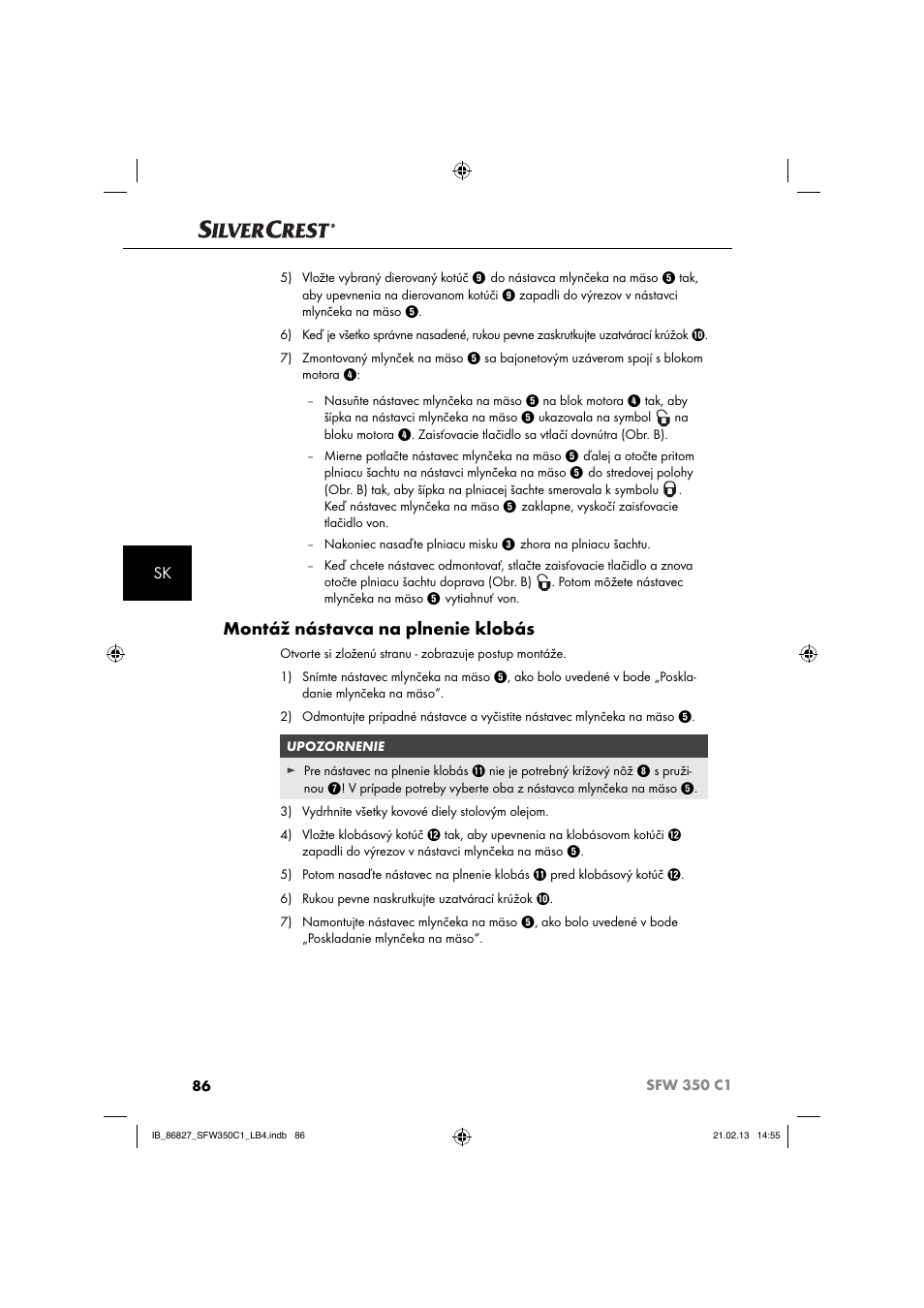 Montáž nástavca na plnenie klobás | Silvercrest SFW 350 C1 User Manual | Page 89 / 116