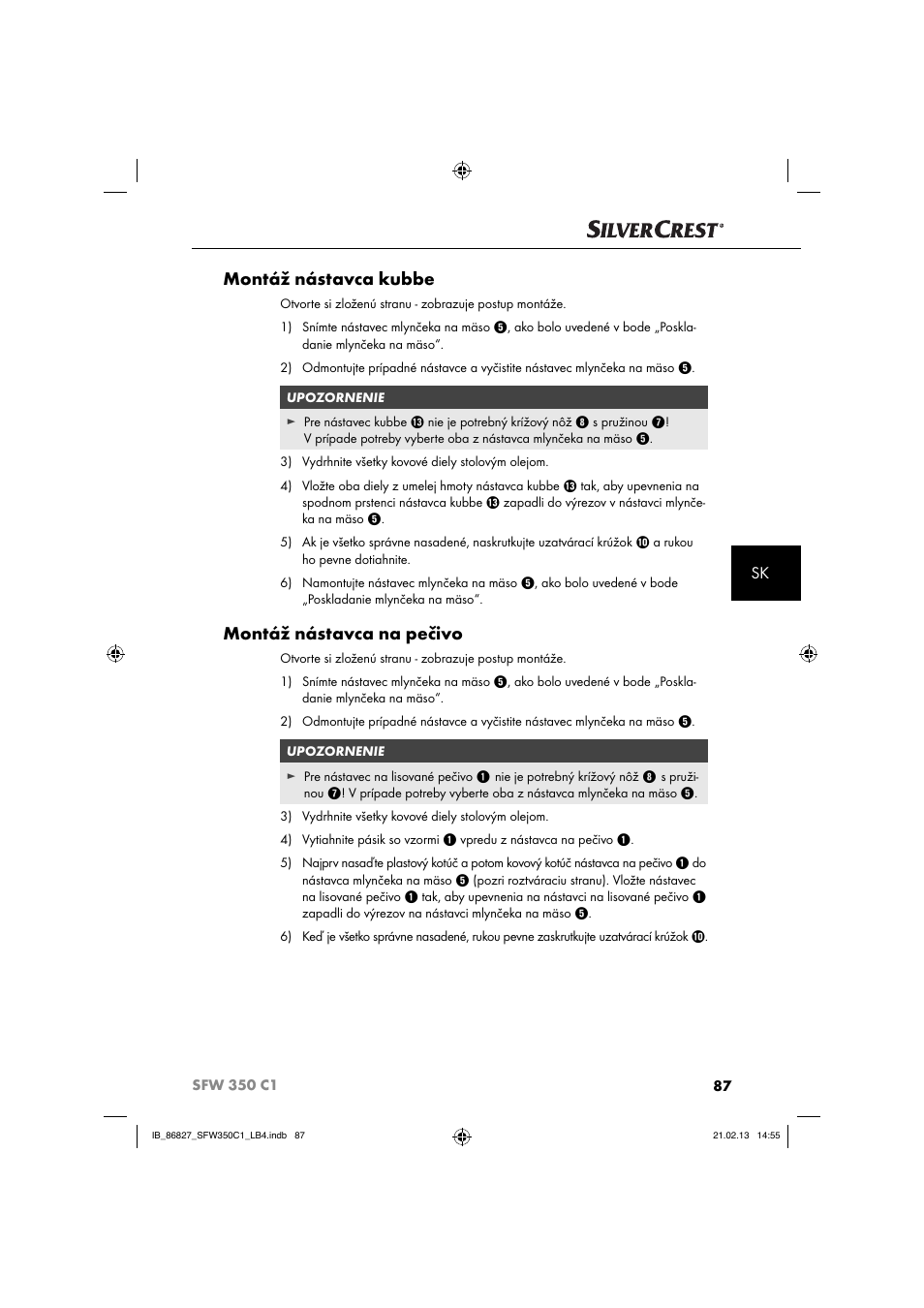 Montáž nástavca kubbe, Montáž nástavca na pečivo | Silvercrest SFW 350 C1 User Manual | Page 90 / 116