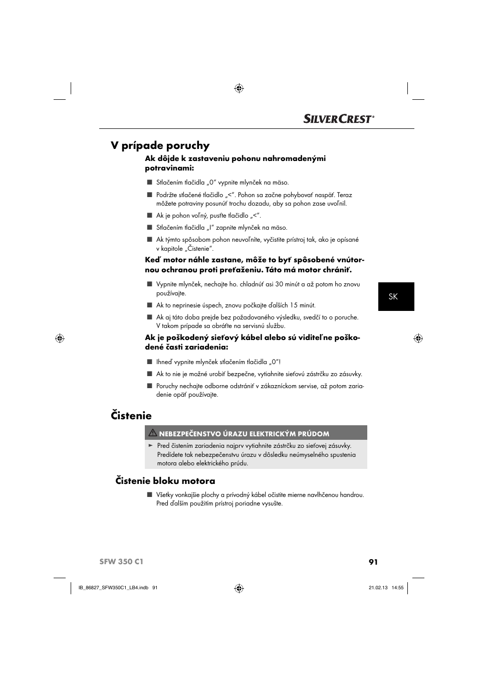 V prípade poruchy, Čistenie, Čistenie bloku motora | Silvercrest SFW 350 C1 User Manual | Page 94 / 116