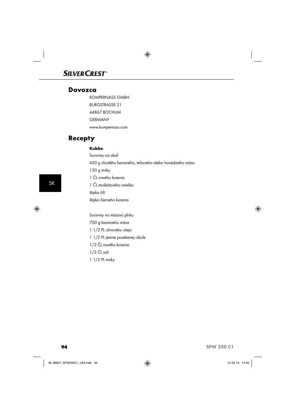 Dovozca, Recepty | Silvercrest SFW 350 C1 User Manual | Page 97 / 116