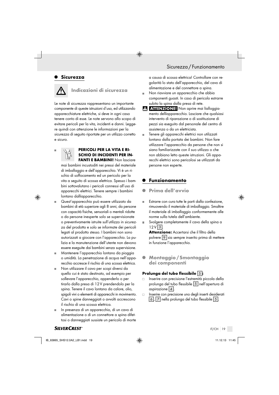 Sicurezza / funzionamento, Sicurezza, Indicazioni di sicurezza | Funzionamento, Prima dell’avvio, Montaggio / smontaggio dei componenti | Silvercrest SHS 12.0 A2 User Manual | Page 19 / 28