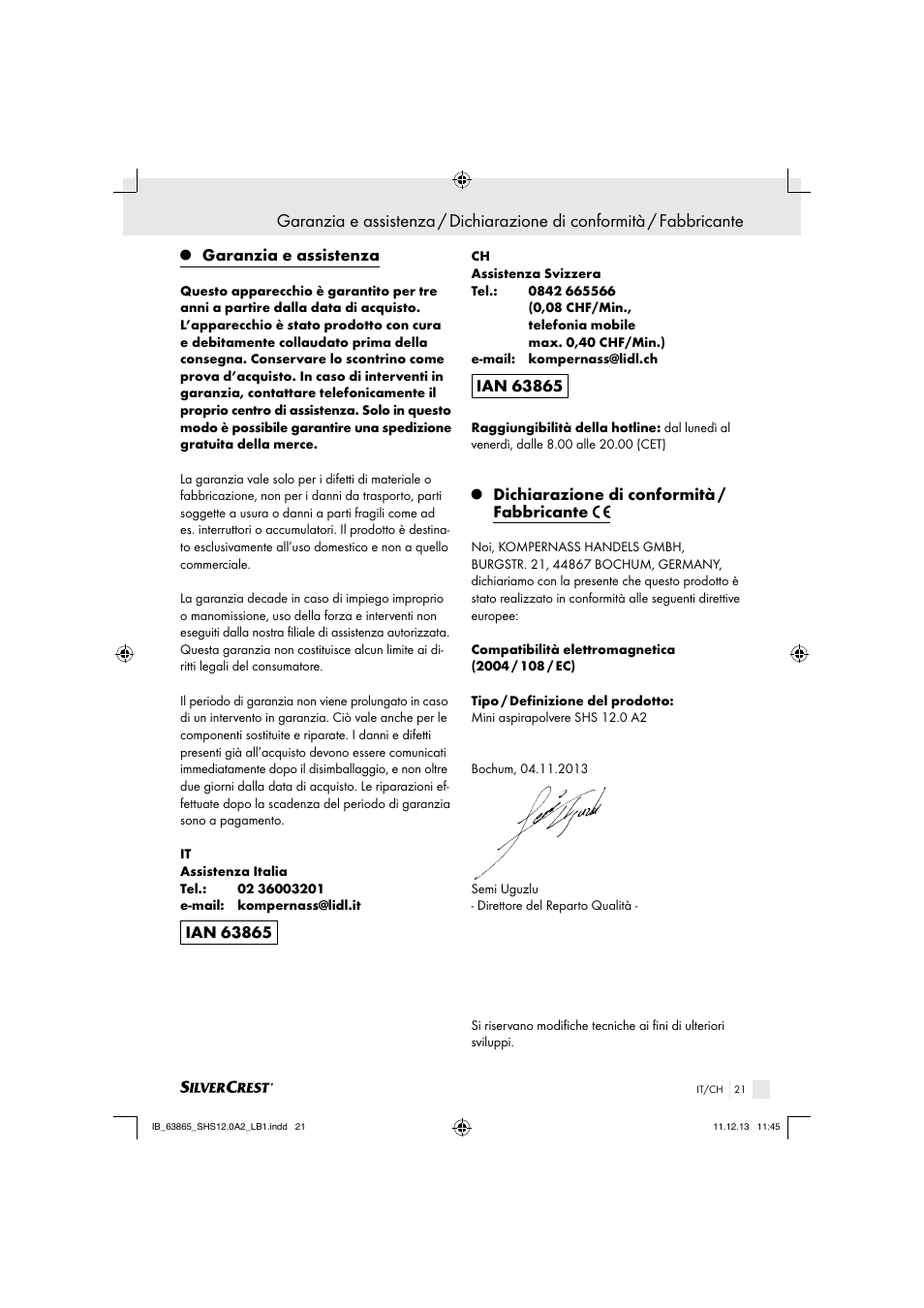 Garanzia e assistenza, Dichiarazione di conformità / fabbricante | Silvercrest SHS 12.0 A2 User Manual | Page 21 / 28