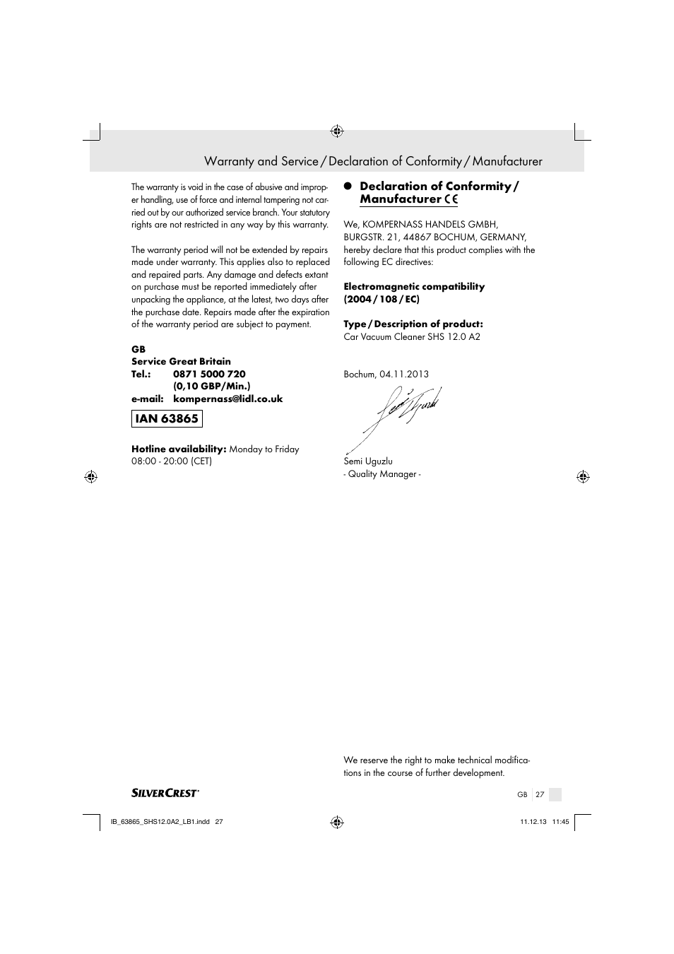 Declaration of conformity / manufacturer | Silvercrest SHS 12.0 A2 User Manual | Page 27 / 28