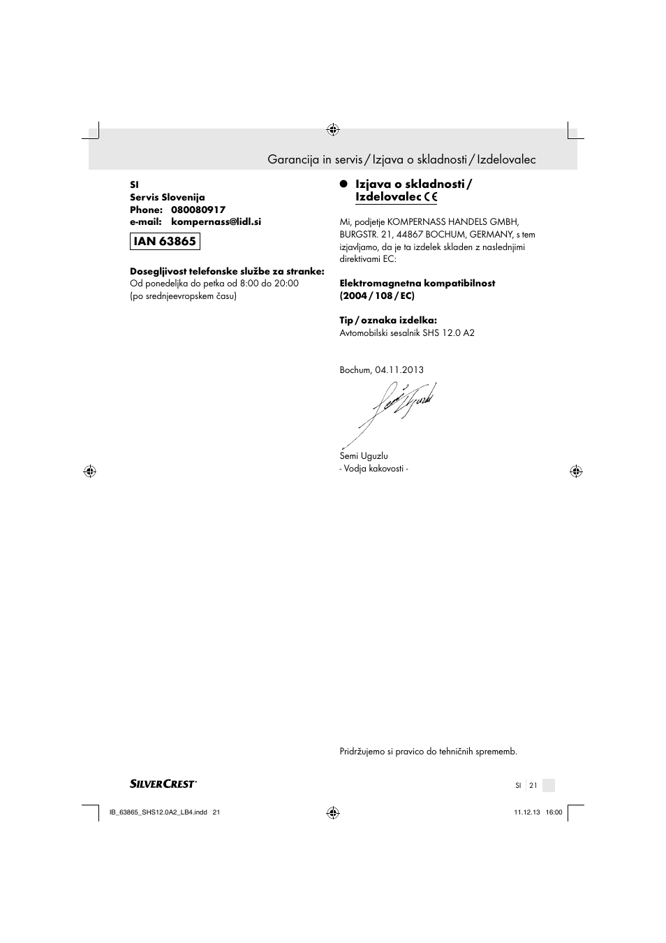 Izjava o skladnosti / izdelovalec | Silvercrest SHS 12.0 A2 User Manual | Page 21 / 40