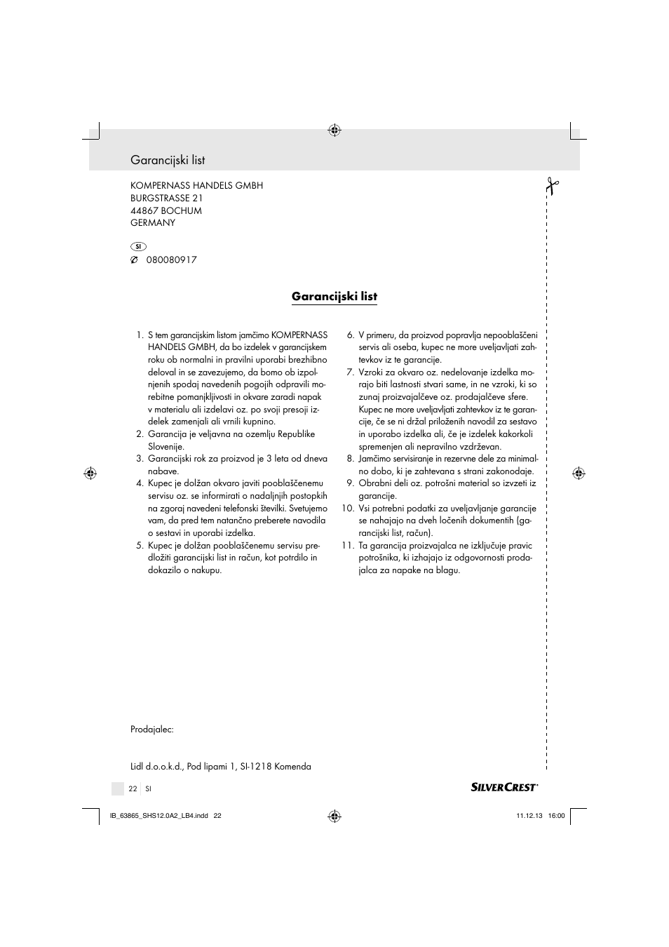 Garancijski list | Silvercrest SHS 12.0 A2 User Manual | Page 22 / 40