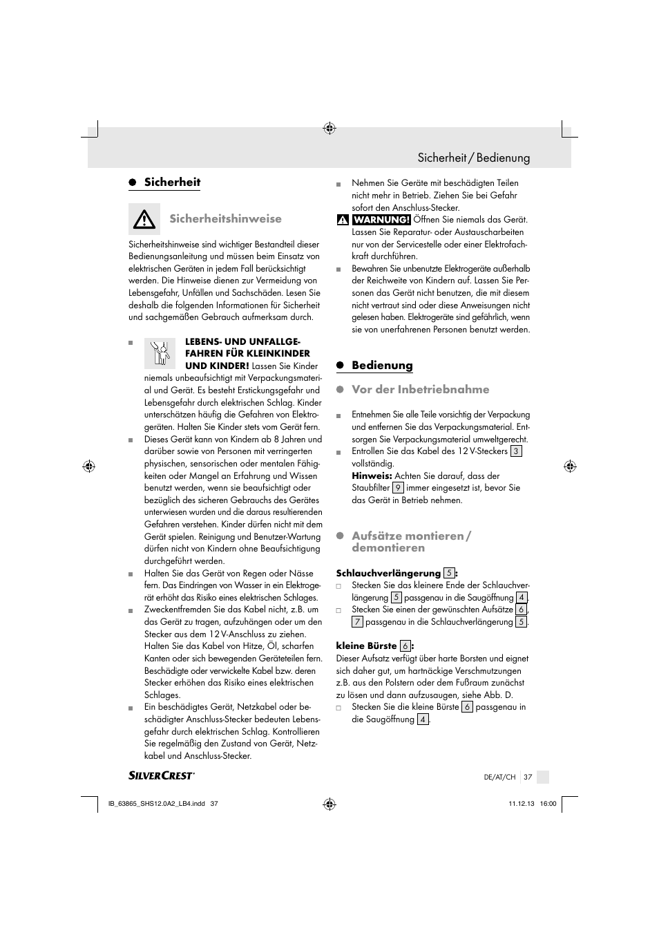 Sicherheit / bedienung, Sicherheit sicherheitshinweise, Bedienung | Vor der inbetriebnahme, Aufsätze montieren / demontieren | Silvercrest SHS 12.0 A2 User Manual | Page 37 / 40