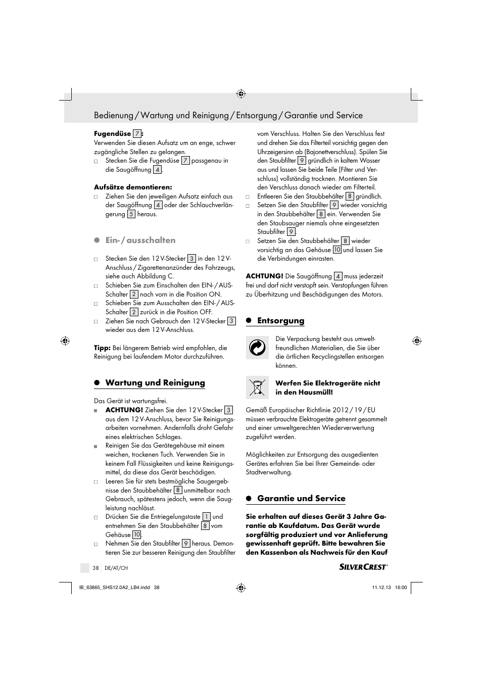 Ein- / ausschalten, Wartung und reinigung, Entsorgung | Garantie und service | Silvercrest SHS 12.0 A2 User Manual | Page 38 / 40