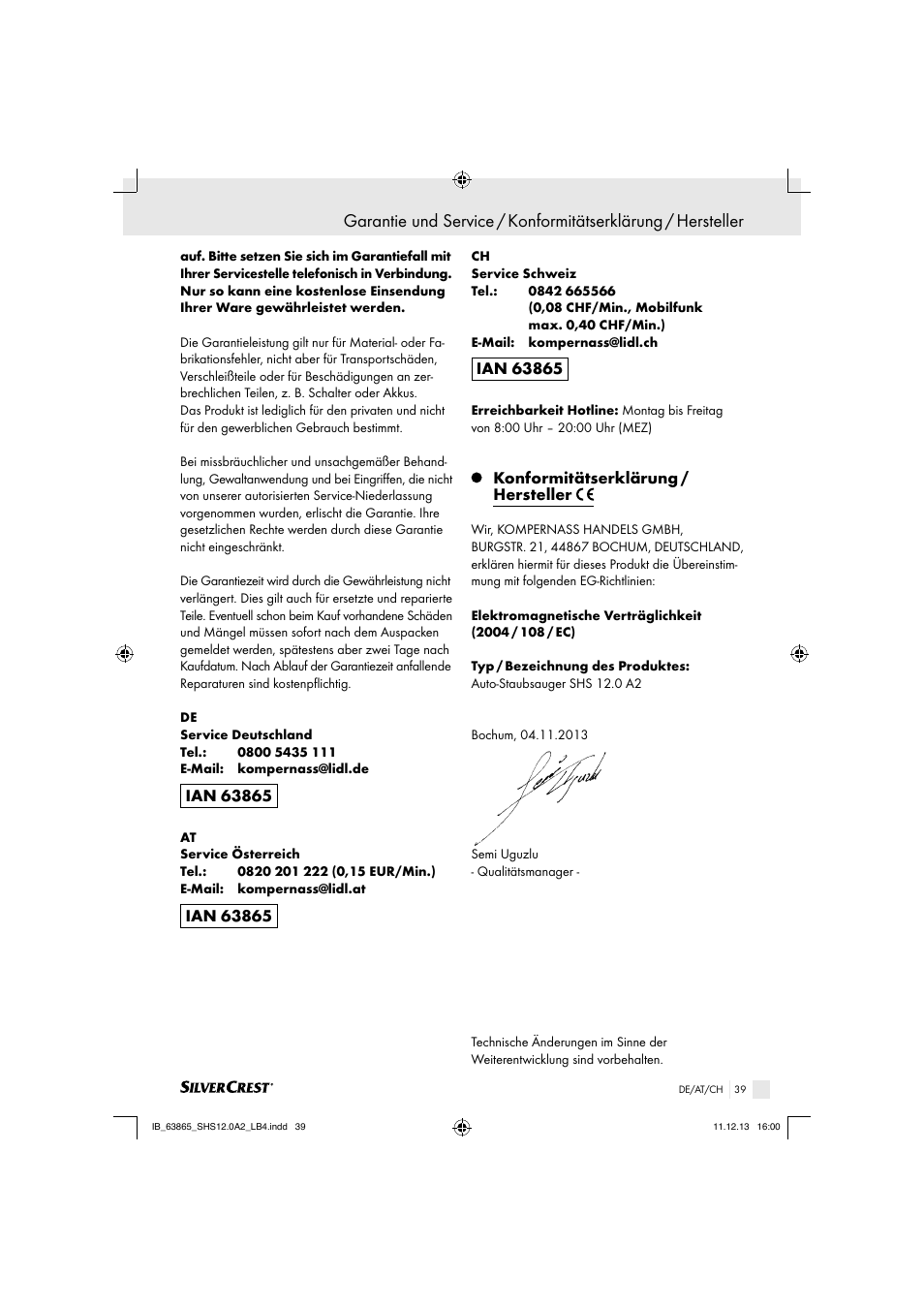 Konformitätserklärung / hersteller | Silvercrest SHS 12.0 A2 User Manual | Page 39 / 40
