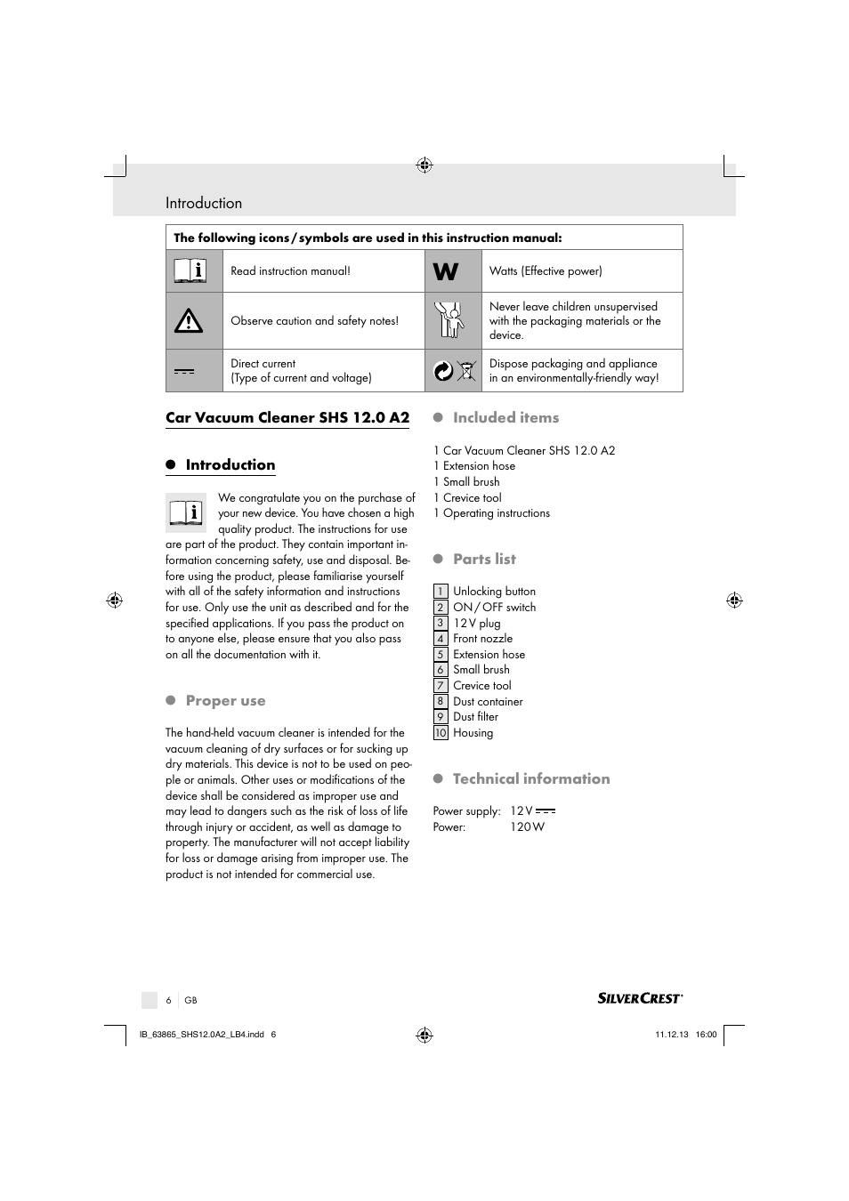 Car vacuum cleaner shs 12.0 a2, Introduction, Proper use | Included items, Parts list, Technical information | Silvercrest SHS 12.0 A2 User Manual | Page 6 / 40