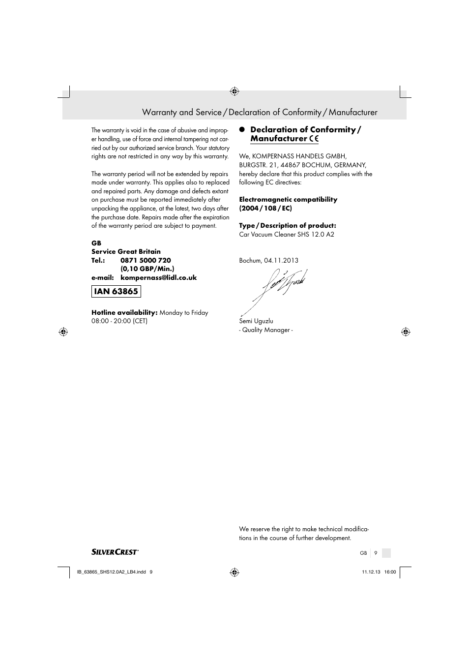 Declaration of conformity / manufacturer | Silvercrest SHS 12.0 A2 User Manual | Page 9 / 40