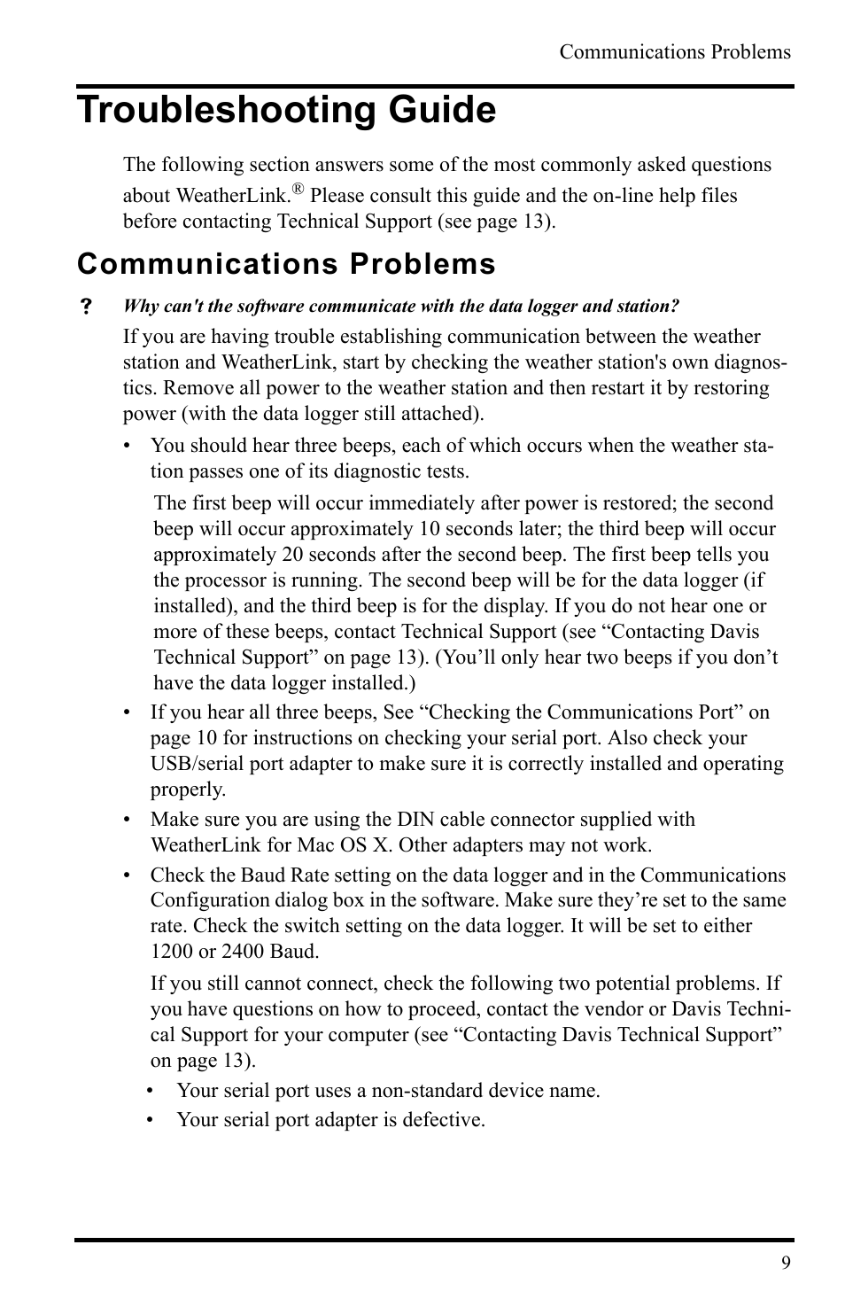 Troubleshooting guide, Communications problems | DAVIS WeatherLink Mac OS X Getting Started Guide User Manual | Page 11 / 16