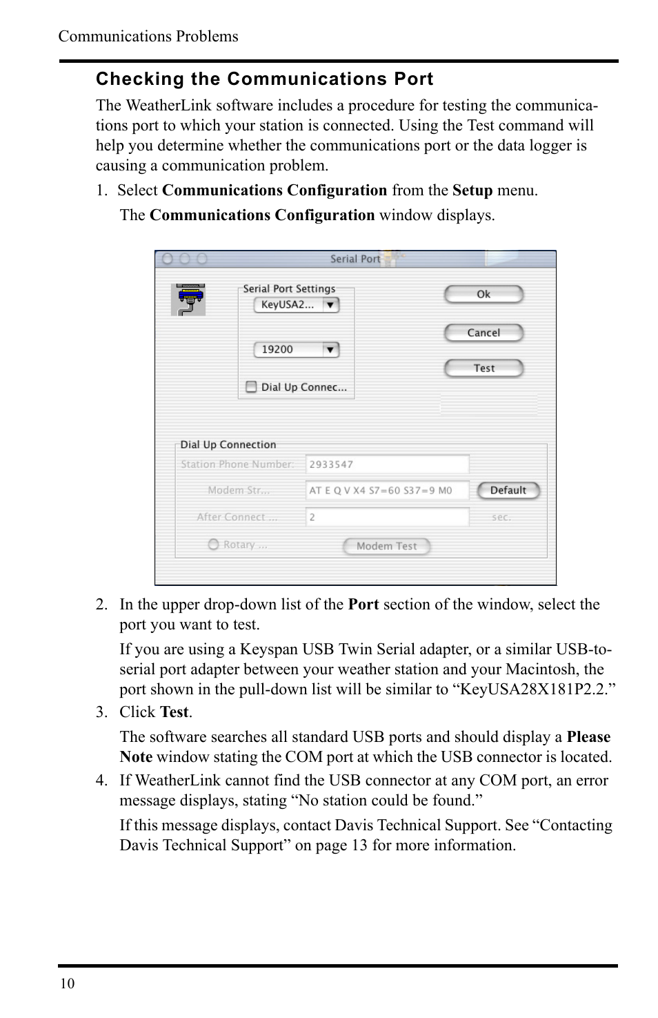 Checking the communications port, See “checking the communications port” on | DAVIS WeatherLink Mac OS X Getting Started Guide User Manual | Page 12 / 16