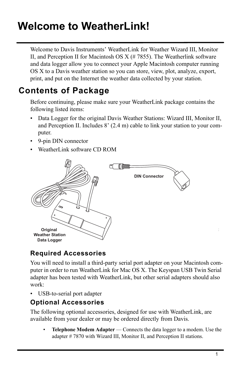 Welcome to weatherlink, Contents of package, Required accessories | Optional accessories | DAVIS WeatherLink Mac OS X Getting Started Guide User Manual | Page 3 / 16