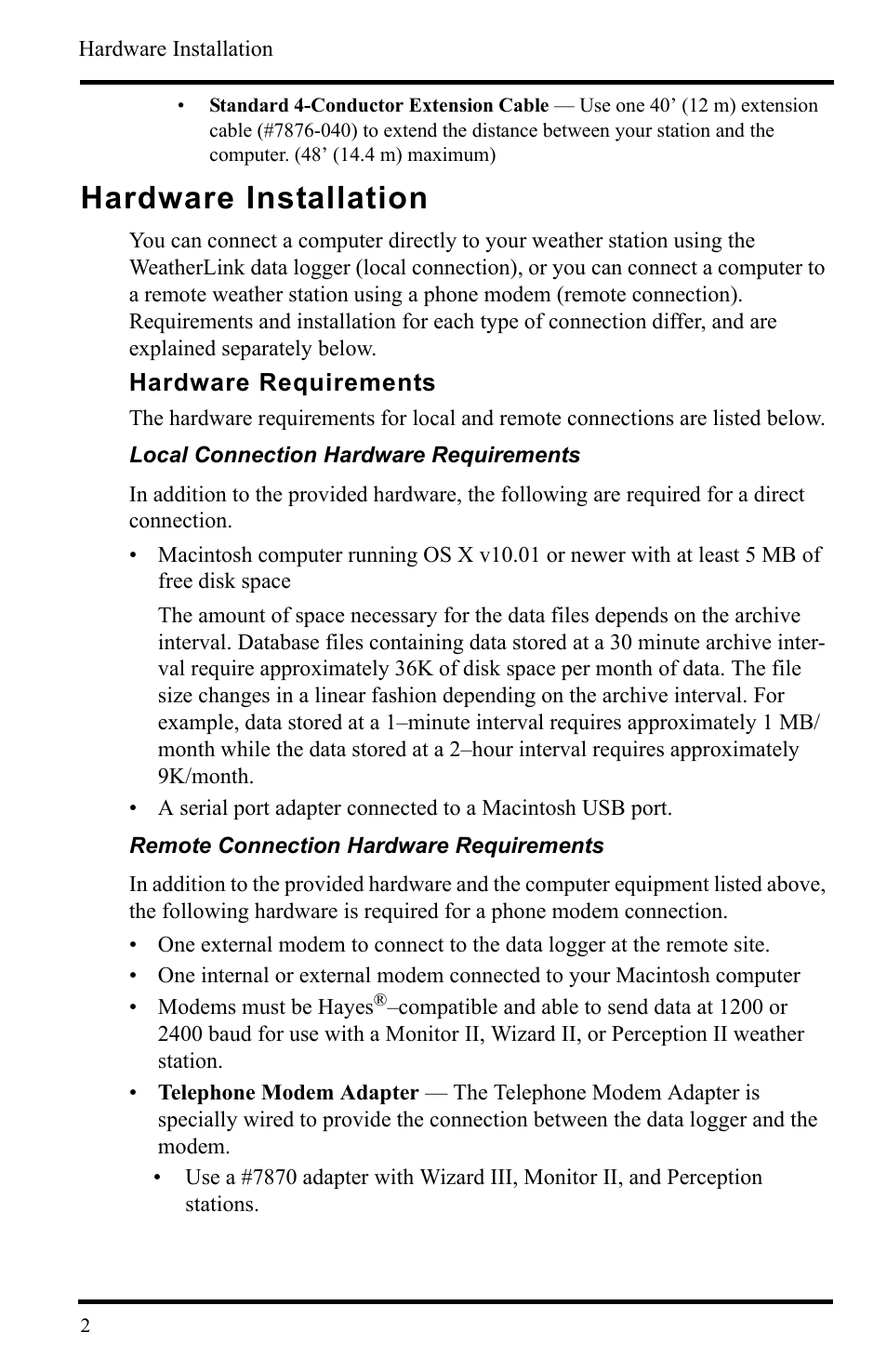 Hardware installation, Hardware requirements | DAVIS WeatherLink Mac OS X Getting Started Guide User Manual | Page 4 / 16