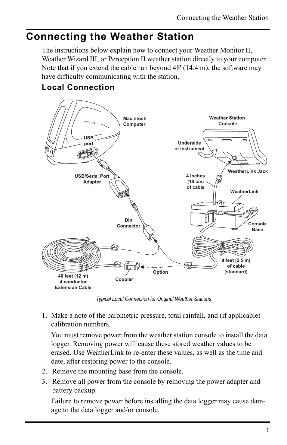 Connecting the weather station, Local connection | DAVIS WeatherLink Mac OS X Getting Started Guide User Manual | Page 5 / 16