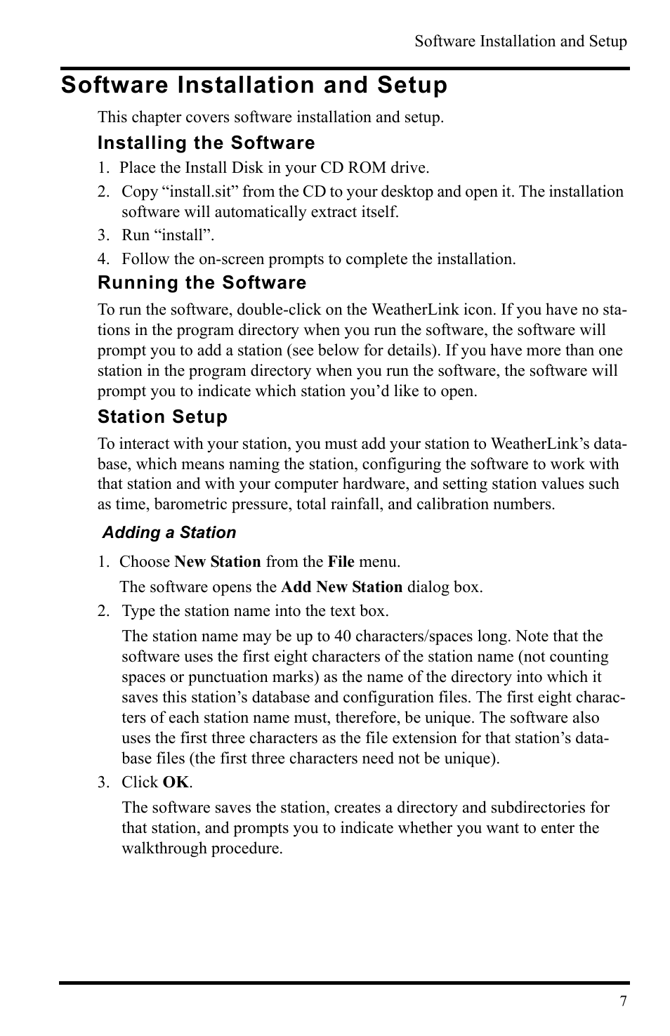 Software installation and setup, Installing the software, Running the software | Station setup | DAVIS WeatherLink Mac OS X Getting Started Guide User Manual | Page 9 / 16