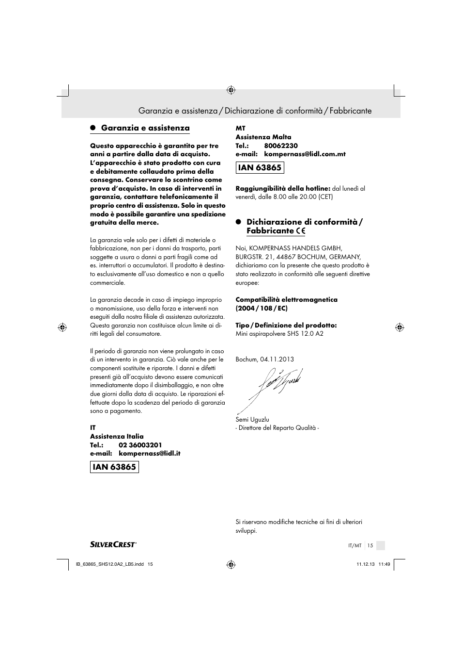 Garanzia e assistenza, Dichiarazione di conformità / fabbricante | Silvercrest SHS 12.0 A2 User Manual | Page 15 / 34