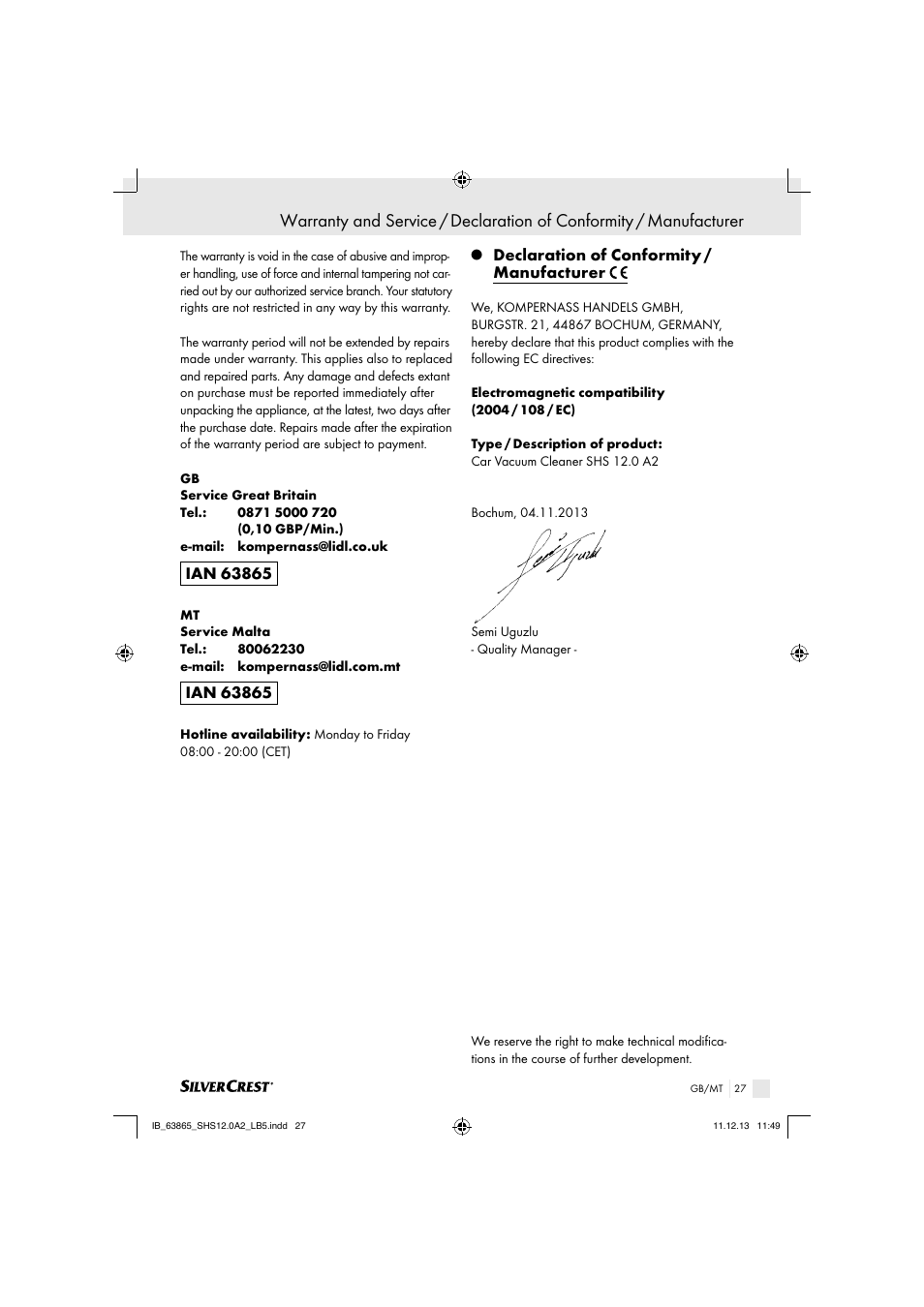 Declaration of conformity / manufacturer | Silvercrest SHS 12.0 A2 User Manual | Page 27 / 34