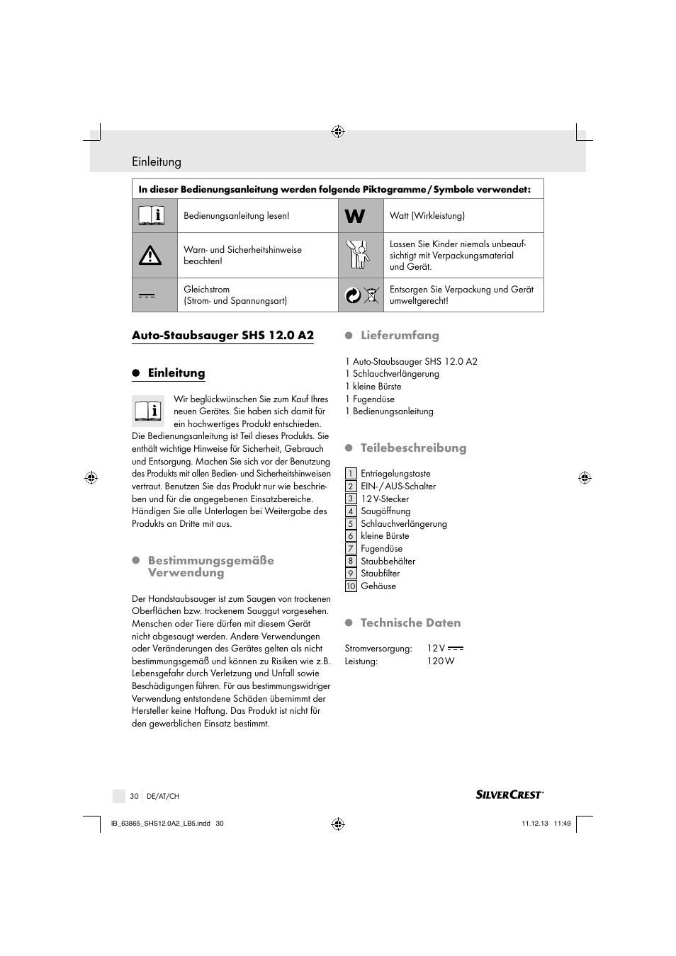 Auto-staubsauger shs 12.0 a2, Einleitung, Bestimmungsgemäße verwendung | Lieferumfang, Teilebeschreibung, Technische daten | Silvercrest SHS 12.0 A2 User Manual | Page 30 / 34