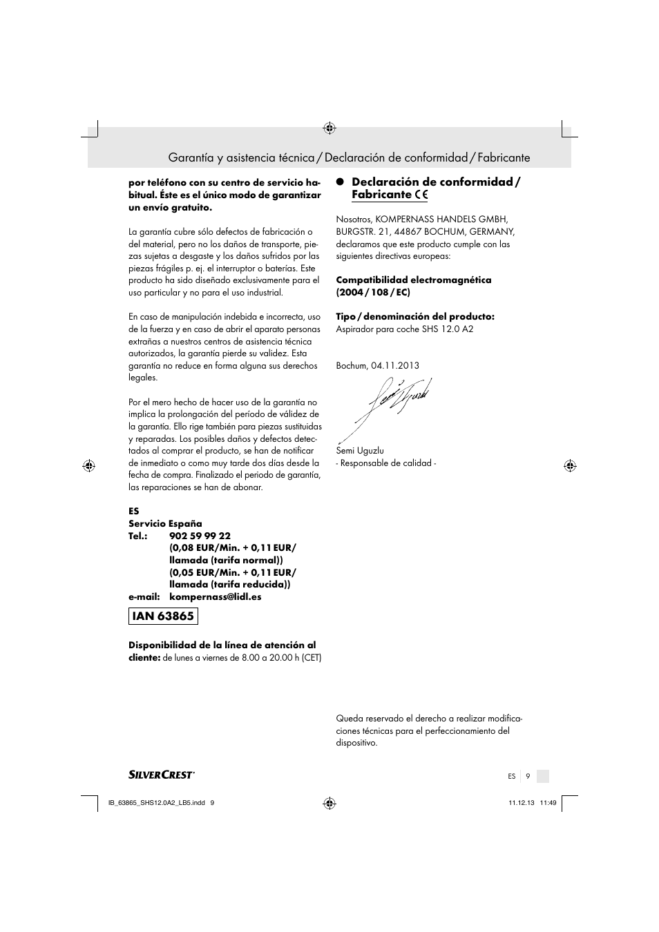 Declaración de conformidad / fabricante | Silvercrest SHS 12.0 A2 User Manual | Page 9 / 34