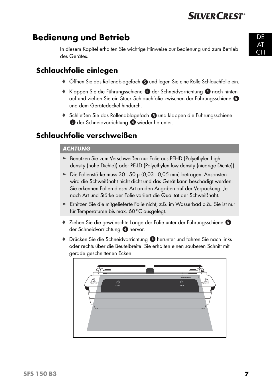 Bedienung und betrieb, Schlauchfolie einlegen, Schlauchfolie verschweißen | De at ch | Silvercrest SFS 150 B3 User Manual | Page 10 / 78