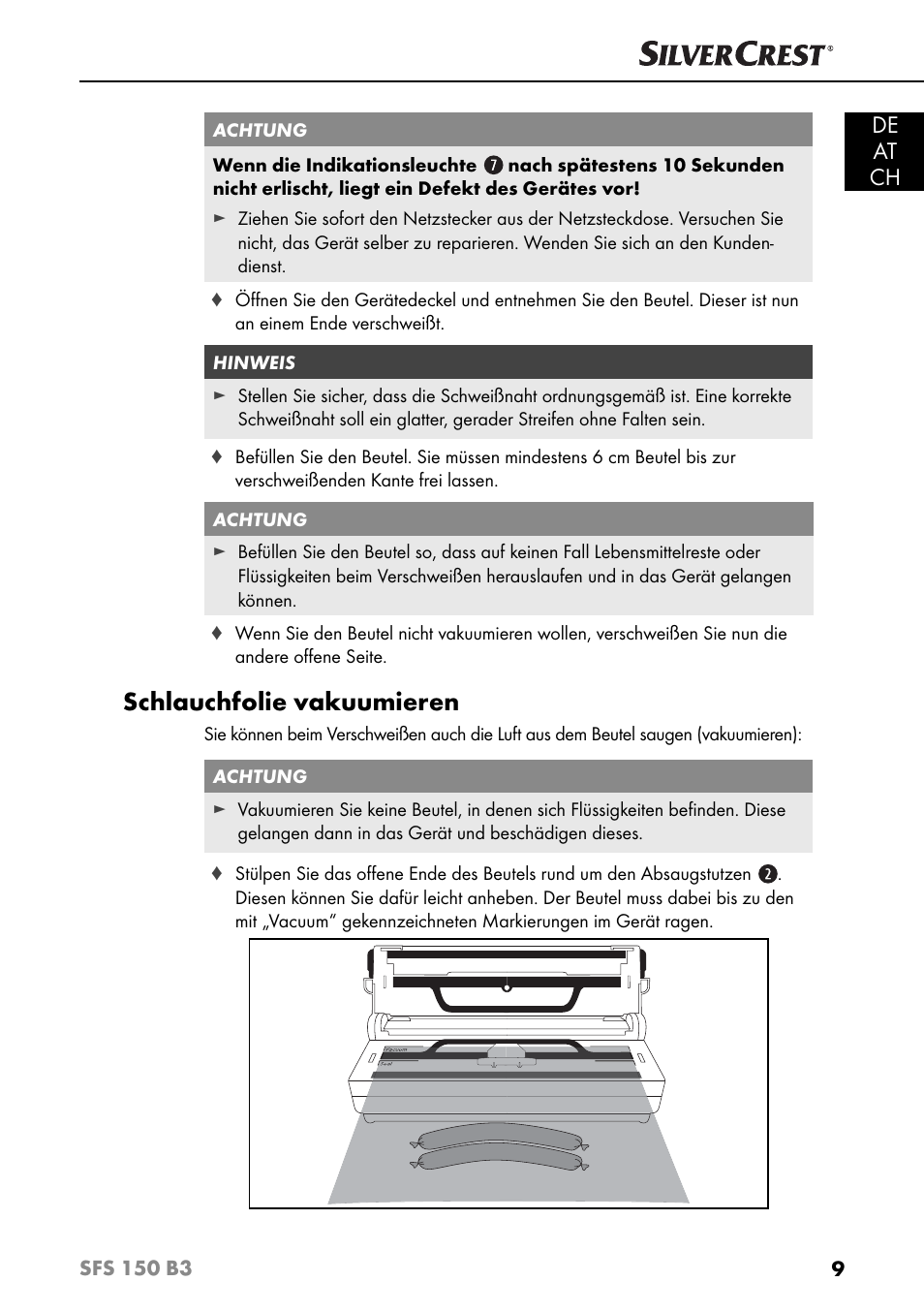 Schlauchfolie vakuumieren, De at ch | Silvercrest SFS 150 B3 User Manual | Page 12 / 78