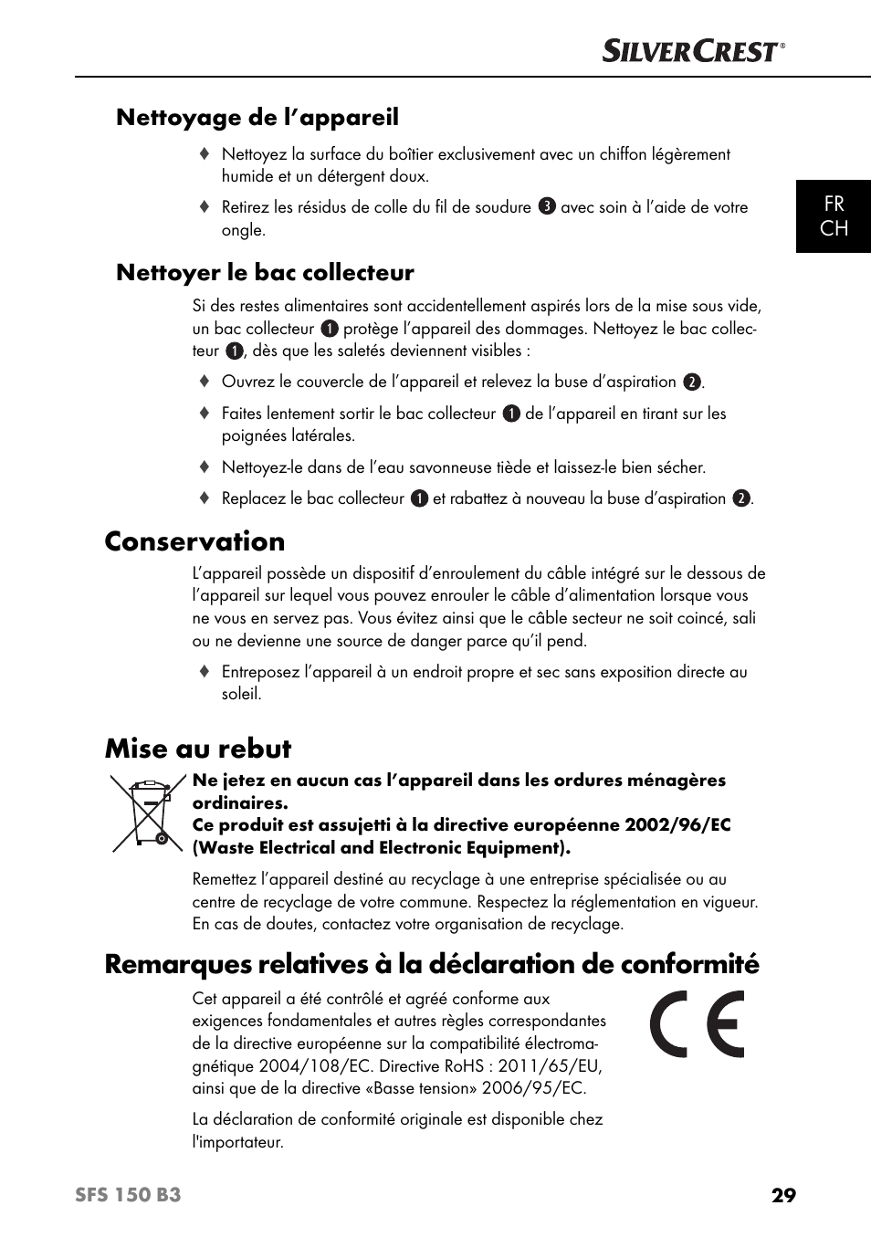 Conservation, Mise au rebut, Remarques relatives à la déclaration de conformité | Nettoyage de l’appareil, Nettoyer le bac collecteur, Fr ch | Silvercrest SFS 150 B3 User Manual | Page 32 / 78