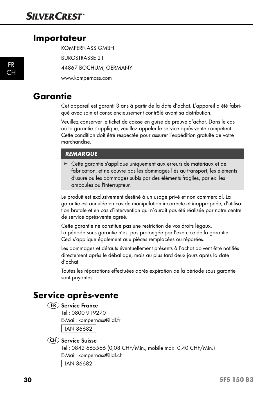 Importateur, Garantie, Service après-vente | Fr ch | Silvercrest SFS 150 B3 User Manual | Page 33 / 78
