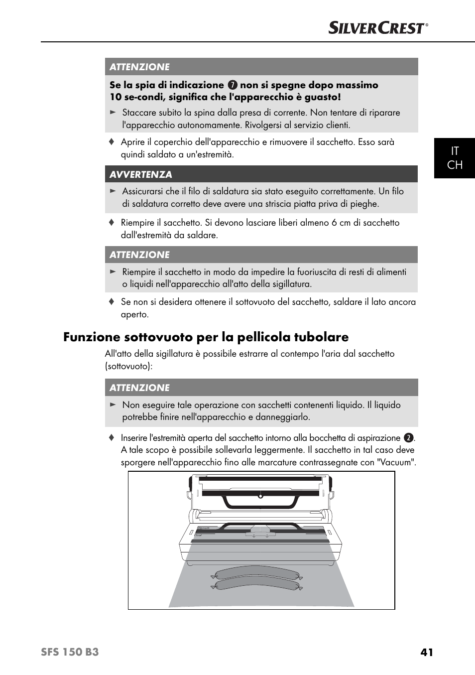 Funzione sottovuoto per la pellicola tubolare, It ch | Silvercrest SFS 150 B3 User Manual | Page 44 / 78