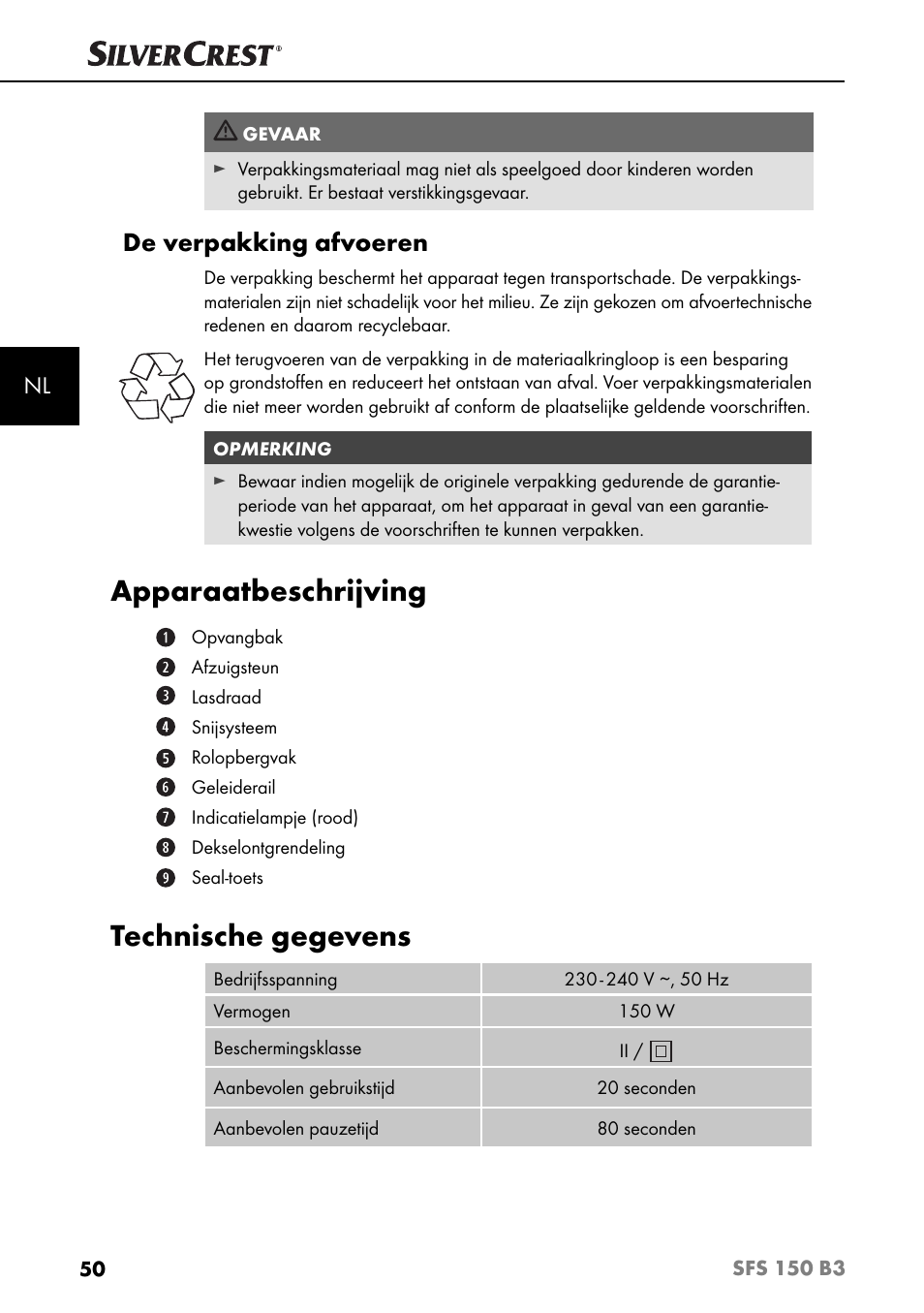 Apparaatbeschrijving, Technische gegevens, De verpakking afvoeren | Silvercrest SFS 150 B3 User Manual | Page 53 / 78