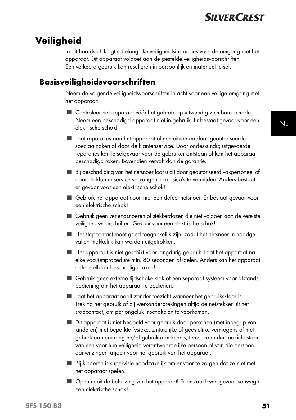 Veiligheid, Basisveiligheidsvoorschriften | Silvercrest SFS 150 B3 User Manual | Page 54 / 78