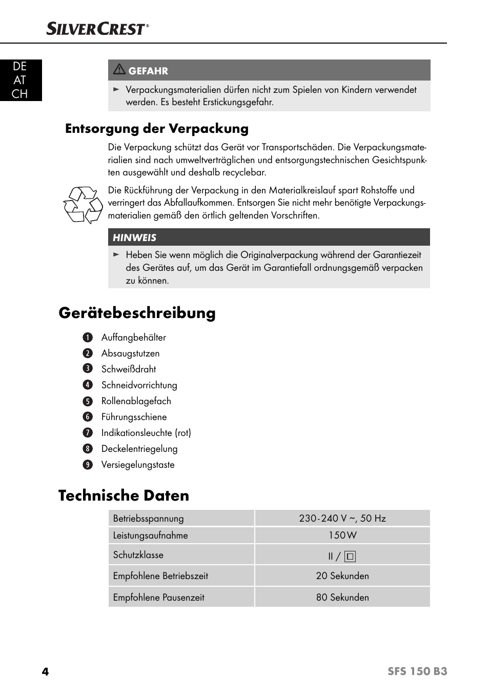 Gerätebeschreibung, Technische daten, Entsorgung der verpackung | De at ch | Silvercrest SFS 150 B3 User Manual | Page 7 / 78