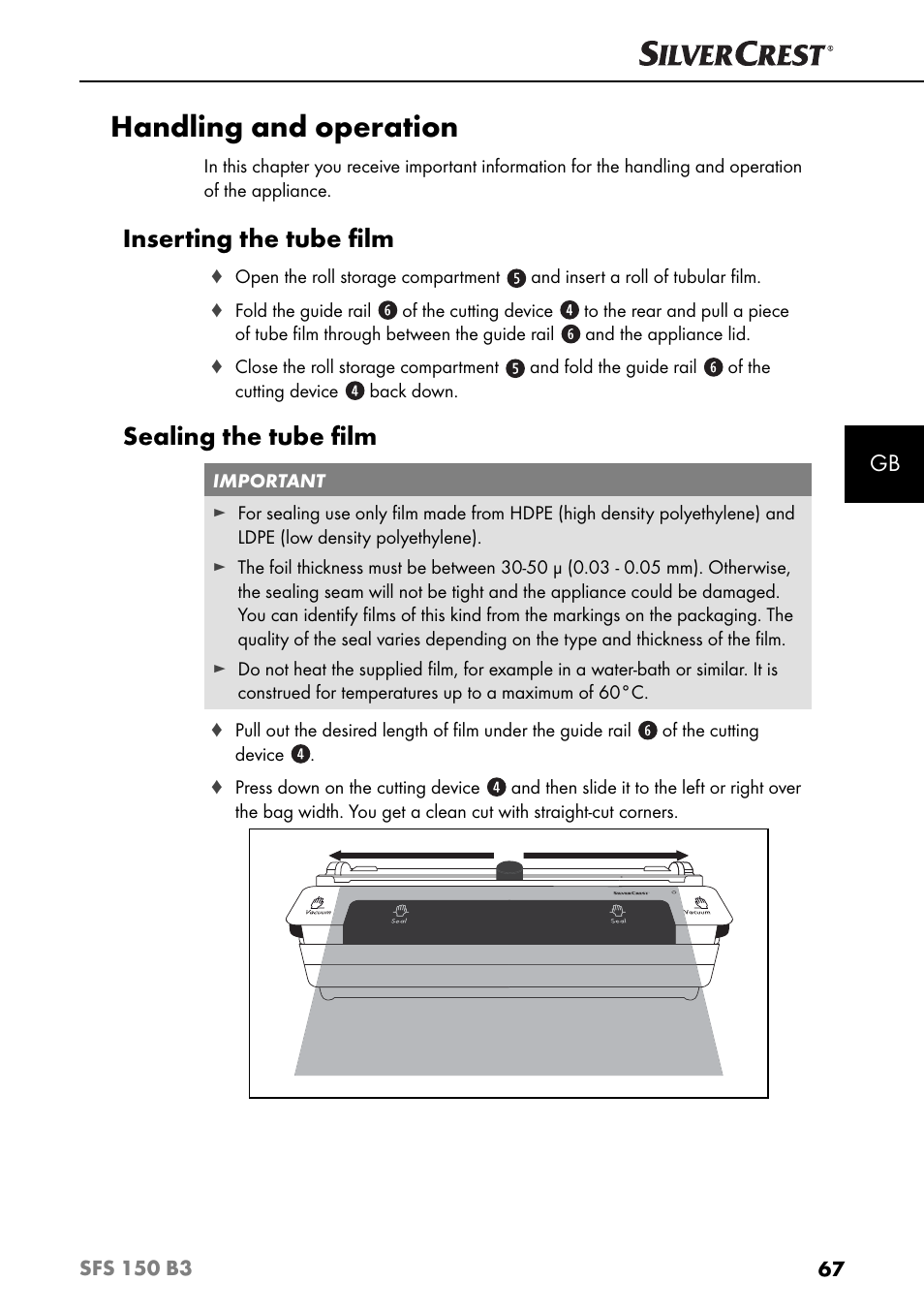 Handling and operation, Inserting the tube ﬁ lm, Sealing the tube ﬁ lm | Silvercrest SFS 150 B3 User Manual | Page 70 / 78